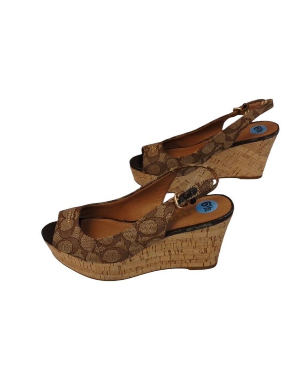 Coach Brown Signature Canvas Cork Wedge Sandals 6.5